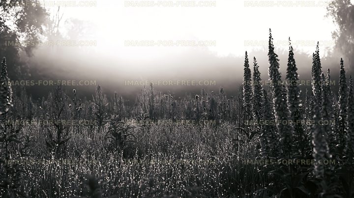Foggy field with flowers and morning light