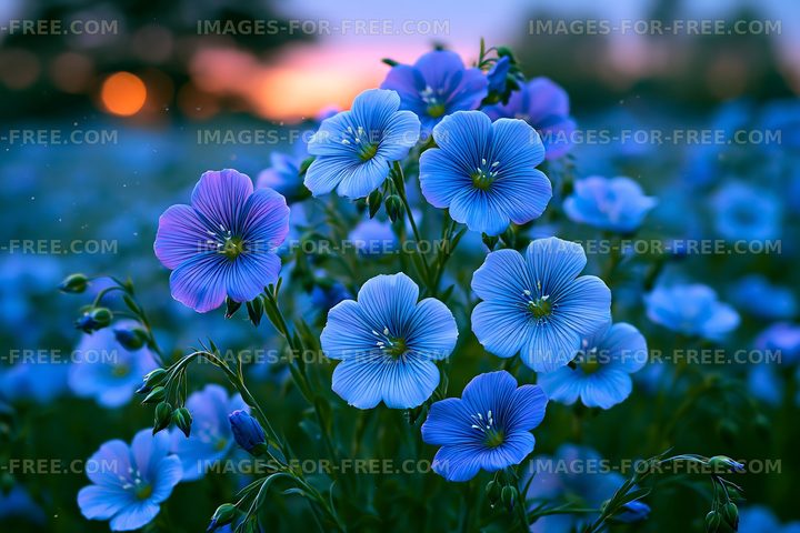 Blue flowers blooming in a field during sunset