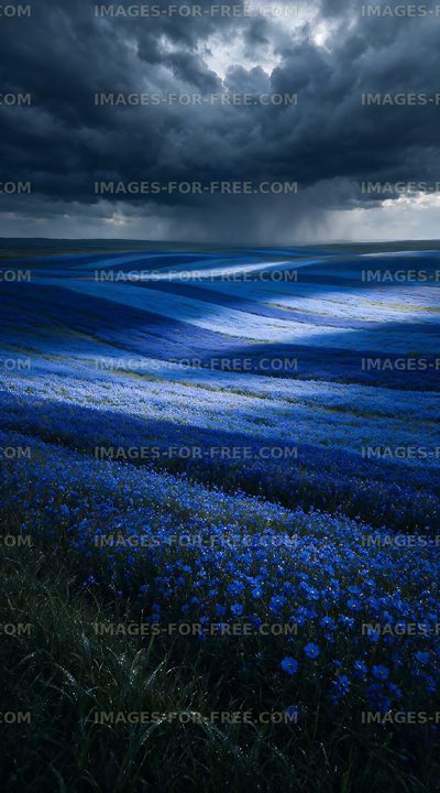 Vast blue flower field under dark stormy sky