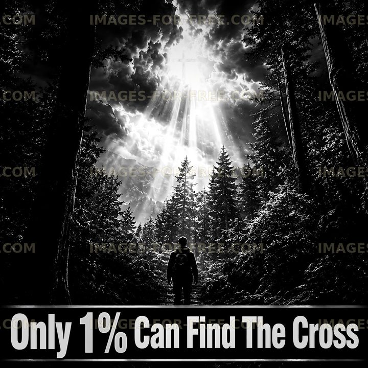 Person walking in forest with sunlight and cross in background