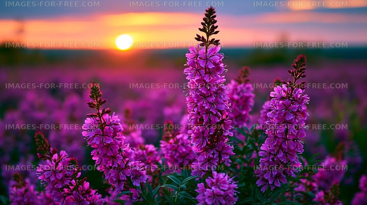 Purple flowers bloom at sunset in a scenic open field