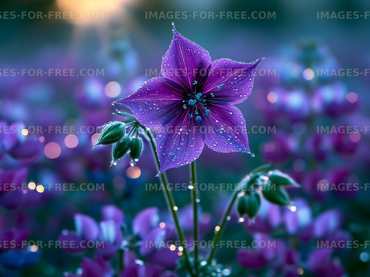 Purple flower with dew in a field during sunrise