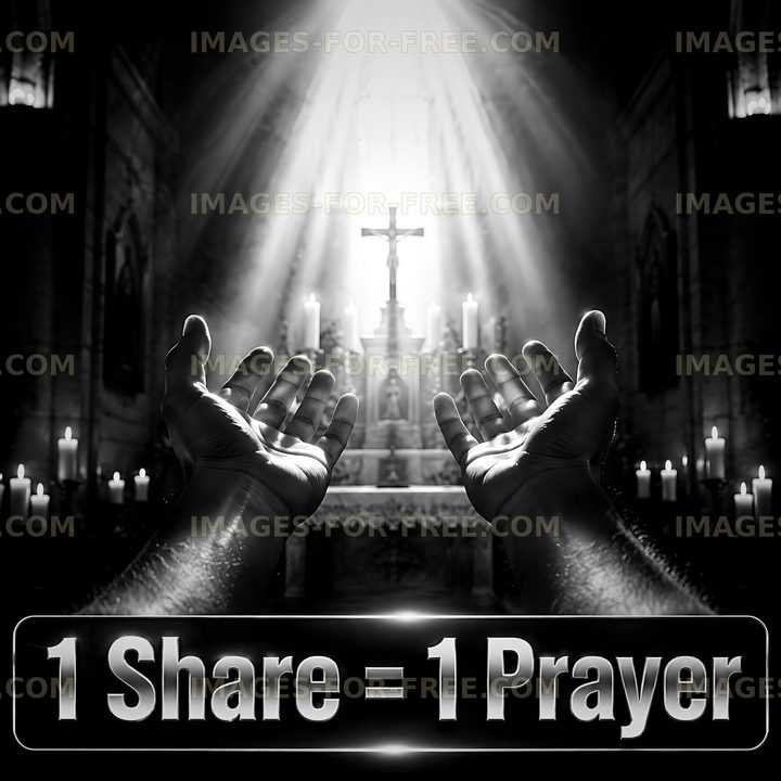 Hands raised in prayer inside a church setting
