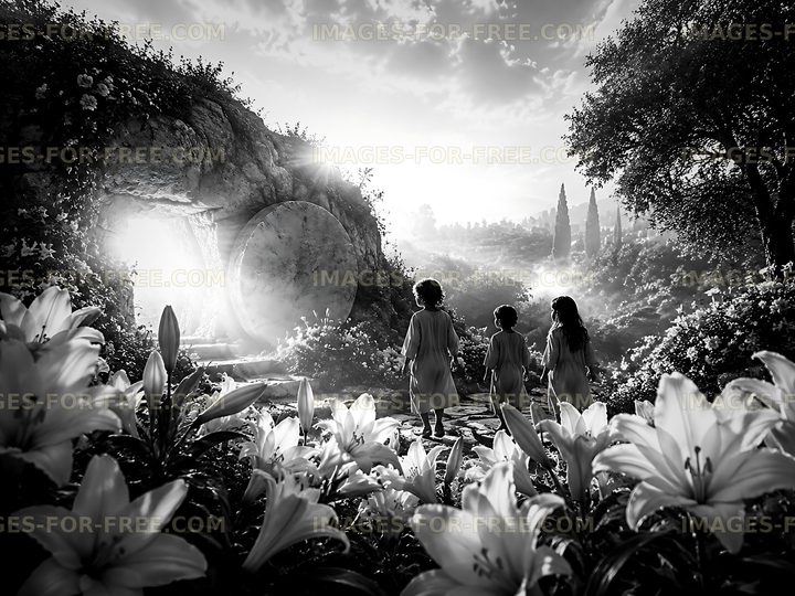 Children walking toward a bright entrance in a garden setting