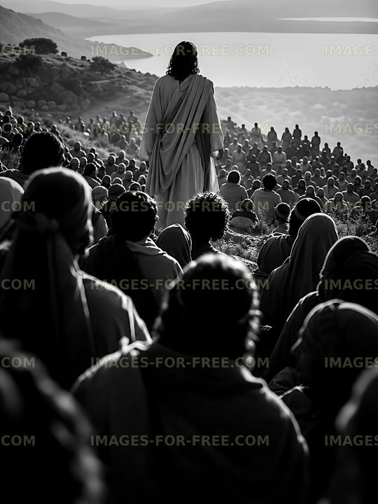 Man speaking to large crowd on a hillside near water