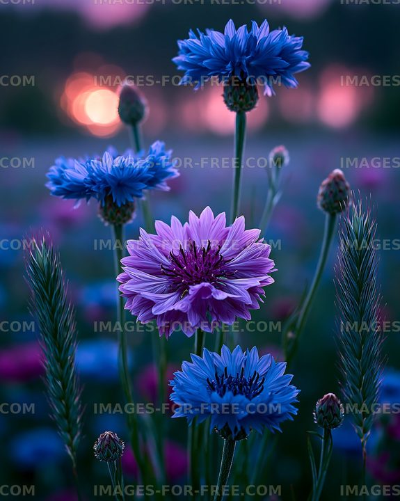 Flowers in a field with sunset background