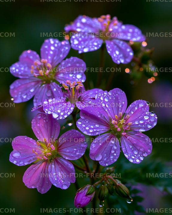Purple flowers with raindrops in a garden setting