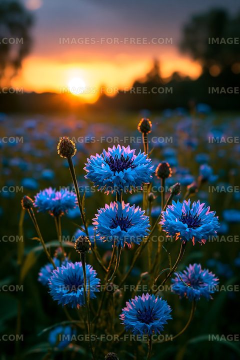 Blue flowers blooming at sunset in a field