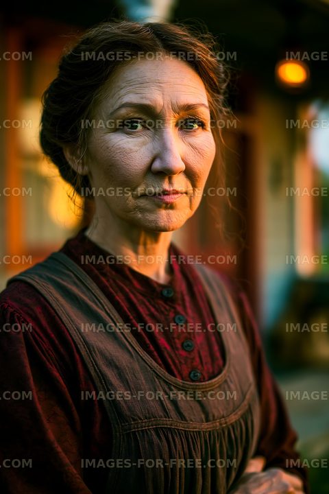 Woman standing outside a rustic building during sunset