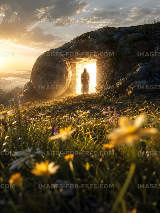 Person standing at the entrance of a cave during sunset