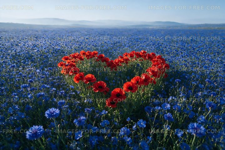 Heart shape made of red poppies in blue flower field