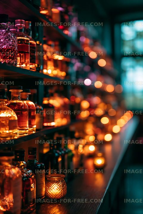 Bottles of spirits on display with warm light in a bar