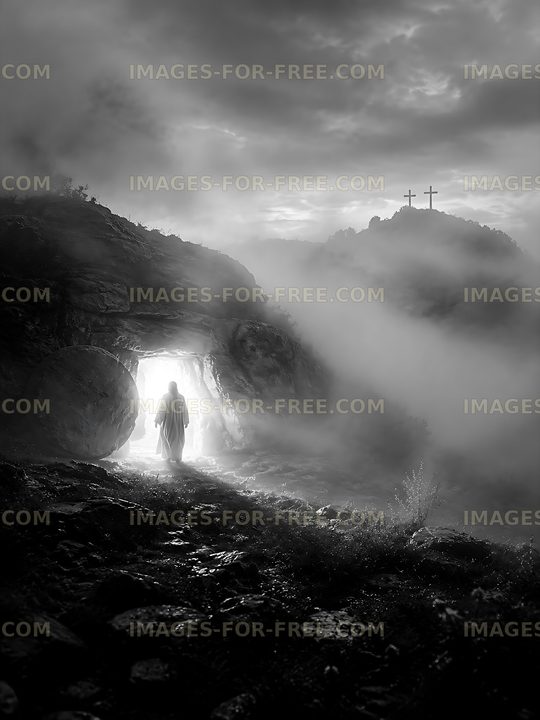 Person walking out of cave into light with crosses in background