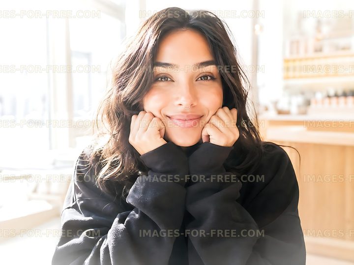 Smiling woman sitting in bright cafe with hands on face