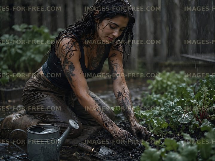 Gardener working in muddy soil during rain
