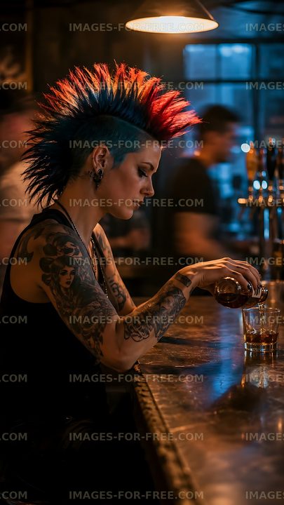 Woman with colorful mohawk haircut pours drink at bar