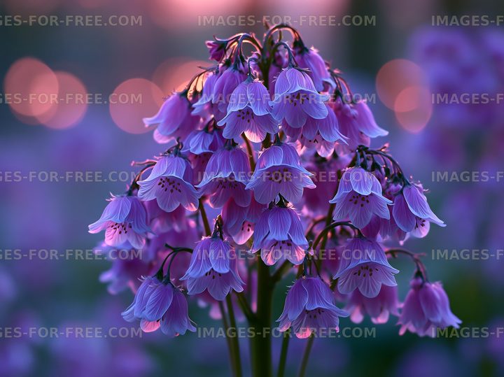 Purple flowers in bloom against a blurred sunset background