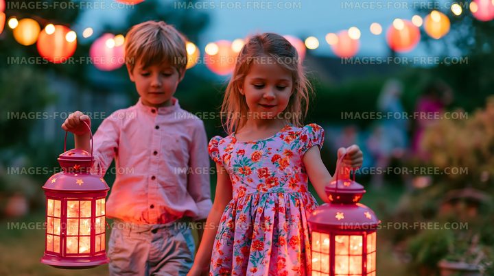 Children walking with lanterns during a festive evening