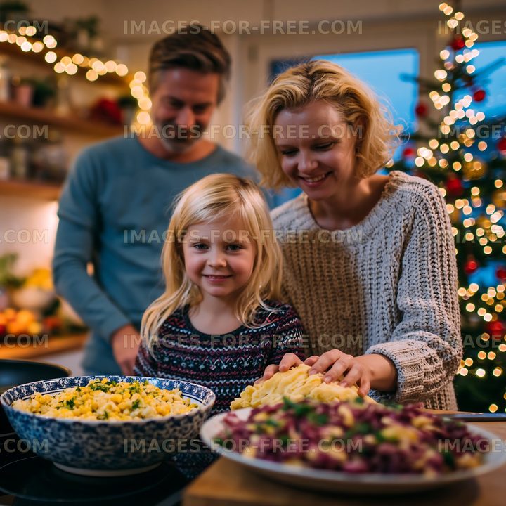 Family preparing food together in kitchen during holiday season