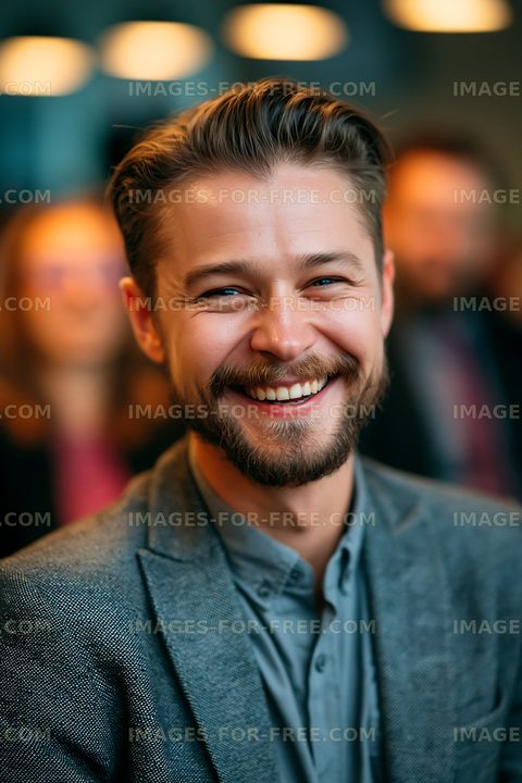 Man smiling in a blazer at a social event indoors