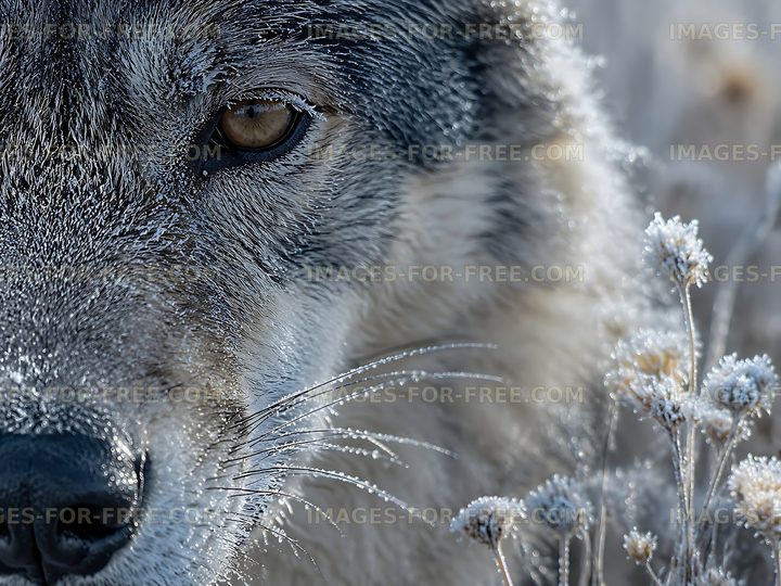 Close-up of a wolf with frost-covered fur in a snowy landscape