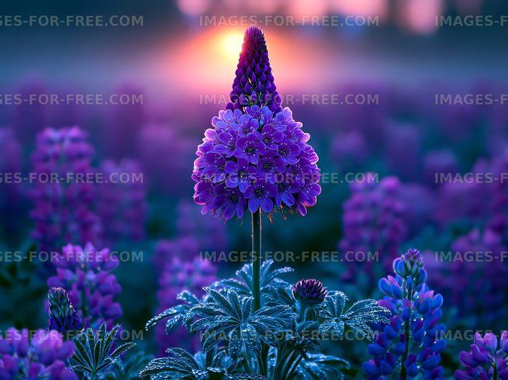 Purple flowers in a field during sunrise