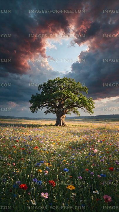 Lonely tree in a colorful field under a dramatic sky