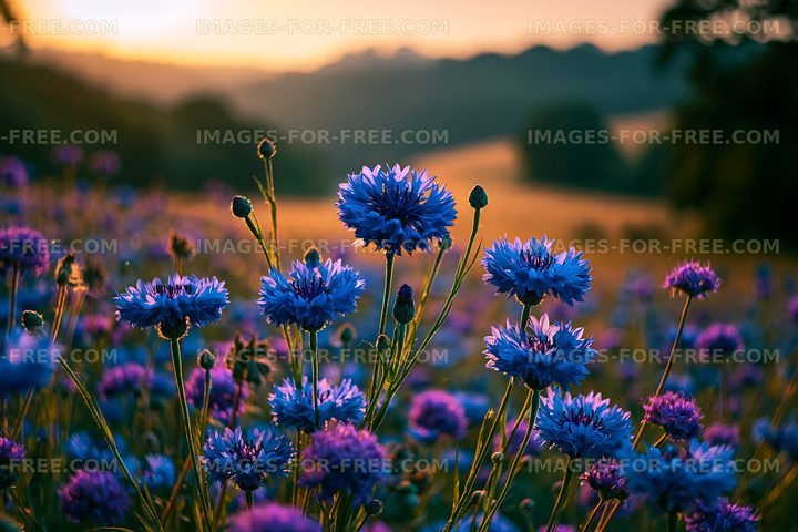 Violet flowers in a field during sunset