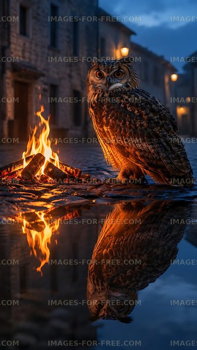 Owl stands near a fire reflecting on the cobblestone street