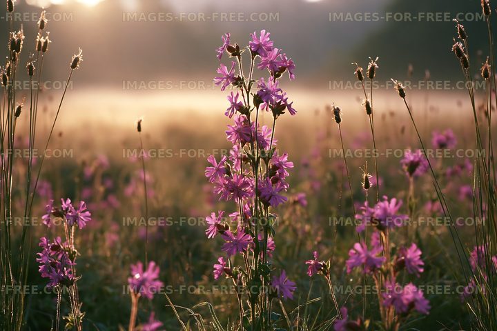 Purple wildflowers bloom in a field during sunrise