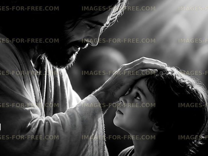 Interaction between Jesus and a child in a warm light setting
