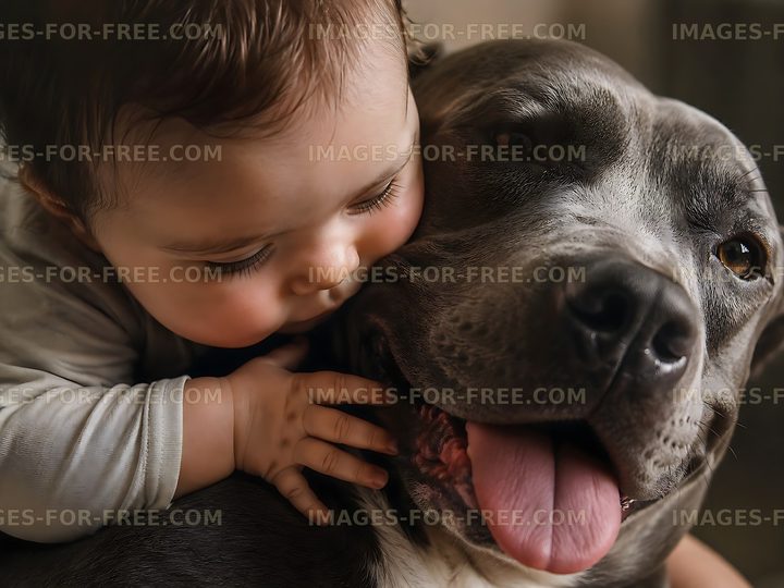 Baby hugs dog with happy expression indoors