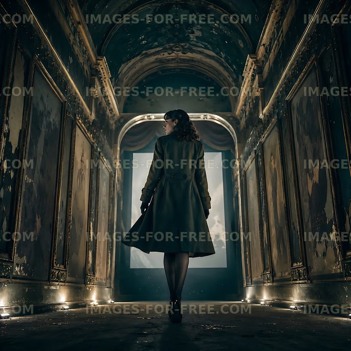Woman walking through an abandoned hallway with vintage decor