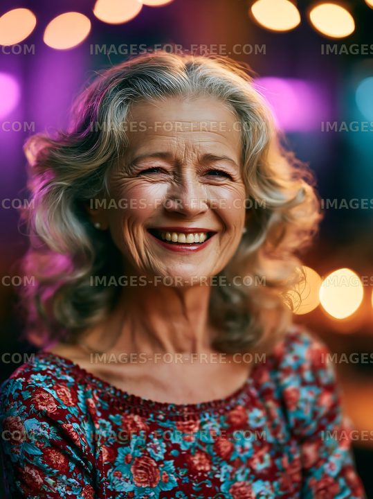 Smiling older woman with curly hair in a festive setting