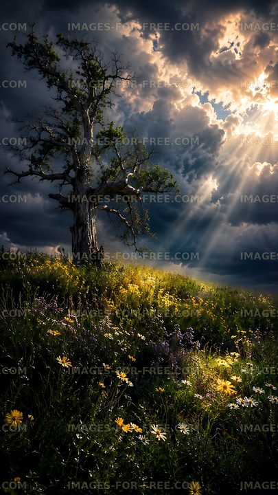 Dark clouds over a field of wildflowers with a tree