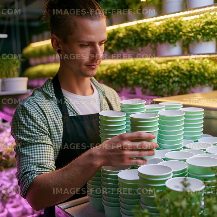 Man organizing green cups in a plant shop