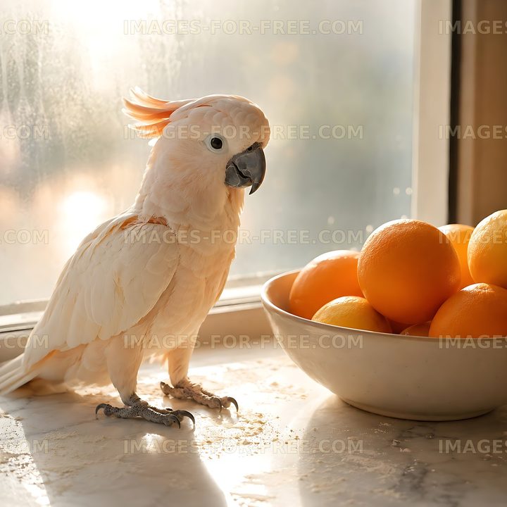 Cockatoo standing near a bowl of oranges on a kitchen counter