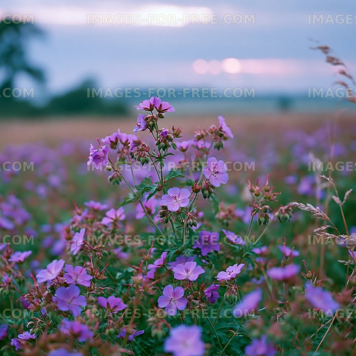 Wildflowers blooming in a green field at sunset