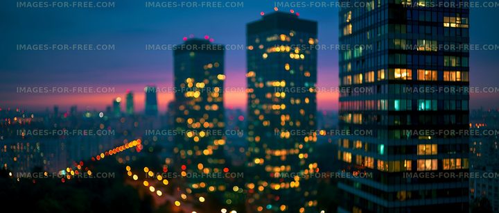 Night cityscape with illuminated buildings and sunset sky