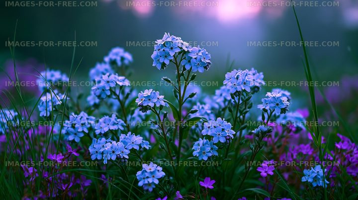 Wildflowers in bloom at dusk in a forest clearing