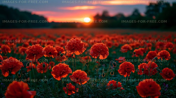 Colorful poppy field at sunset with vibrant flowers