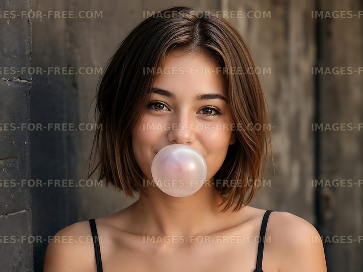 Young woman blowing bubblegum on urban street