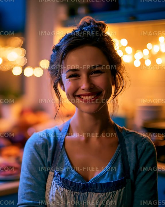 Woman smiling in kitchen with warm light and holiday decorations