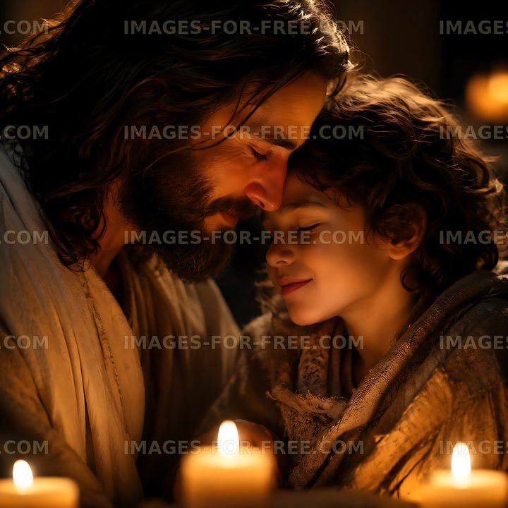 Father and son share a moment with candles in a dark room
