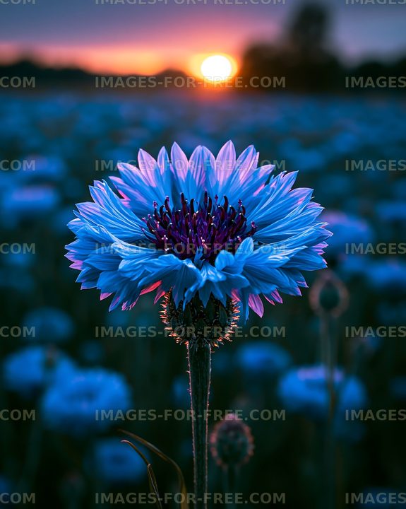 Blue flower stands tall at sunset in a field