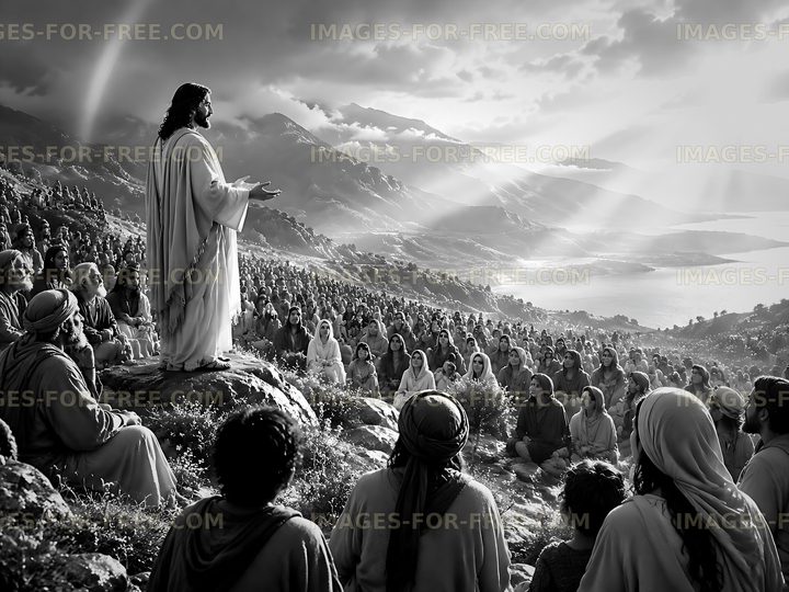 Jesus teaching on a hillside to a large crowd