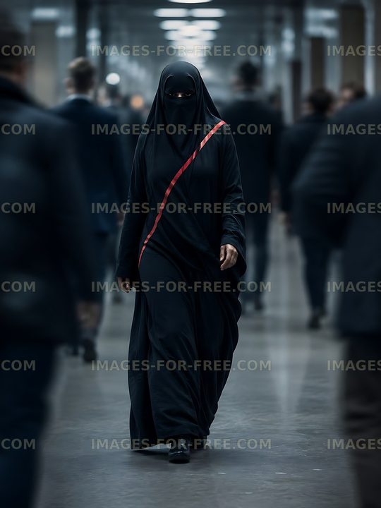 Woman in black attire walking through a busy corridor