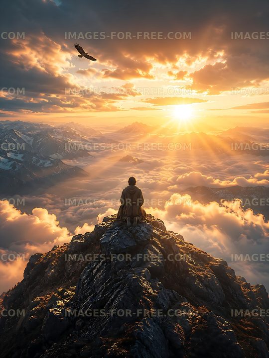 Person sitting on mountain peak during sunset