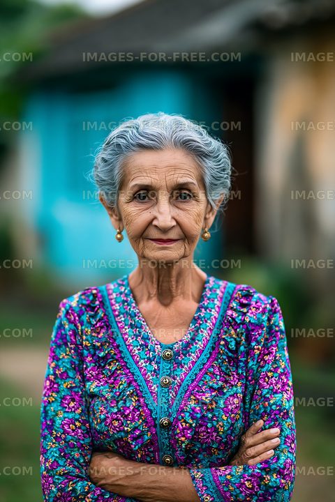 Elderly woman in colorful traditional attire near a house