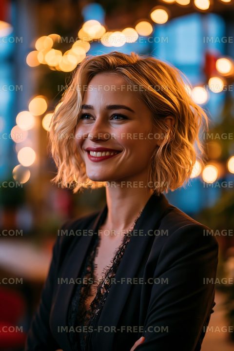 Woman smiling in a dimly lit cafe with decorative lights